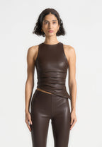 Yolande - Leather Asymmetric Tacked Racer Top - Brown