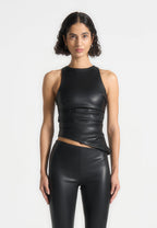 Yolande - Leather Asymmetric Tacked Racer Top - Black