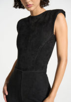 Wide Shoulder Suede Bodysuit - Black