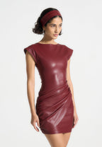Tina - Leather Gathered Dress - Wine Red