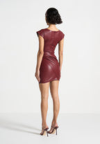 Tina - Leather Gathered Dress - Wine Red