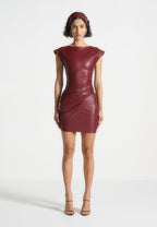 Tina - Leather Gathered Dress - Wine Red
