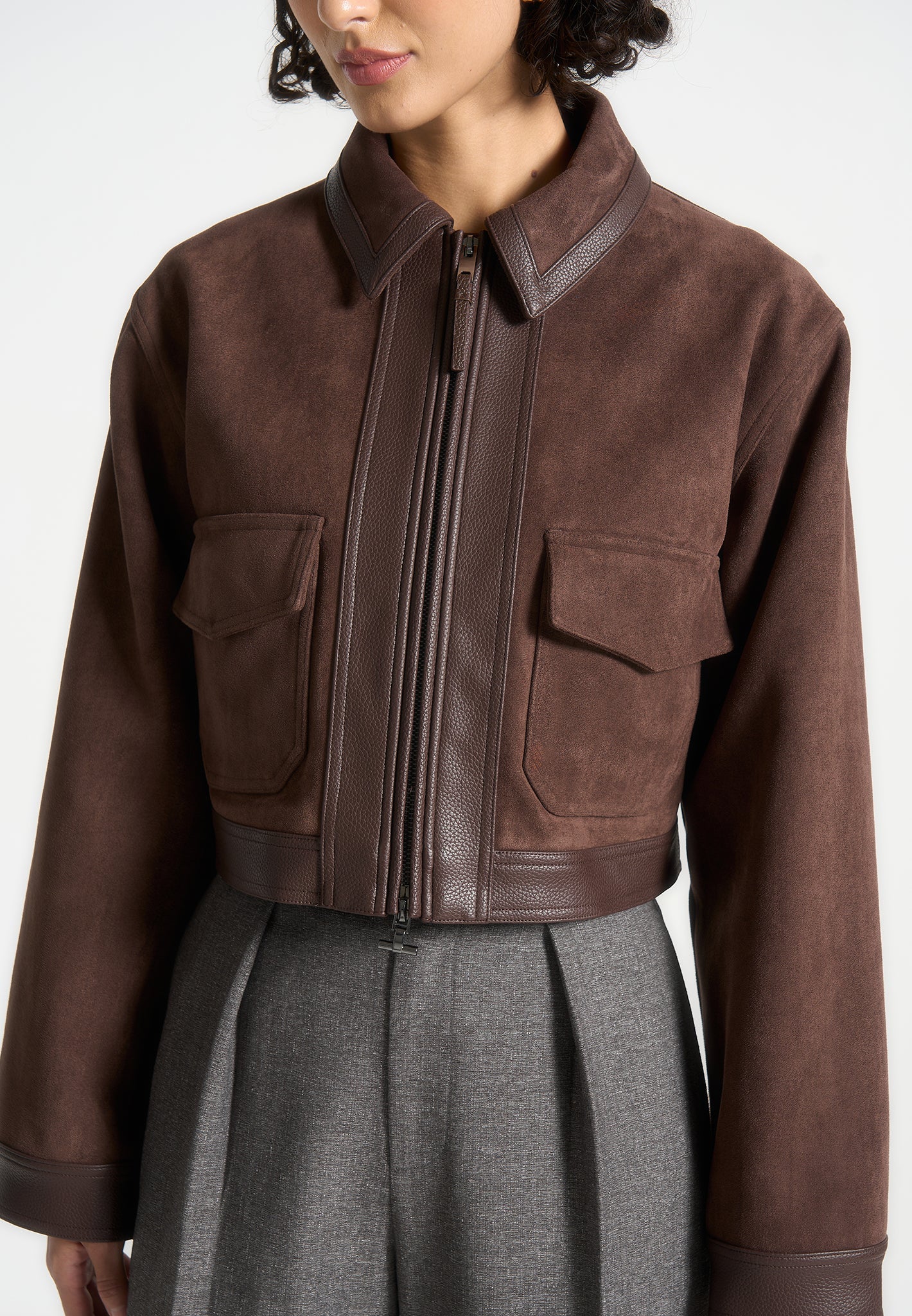 Denise - Suede & Pebbled Leather Jacket - Brown