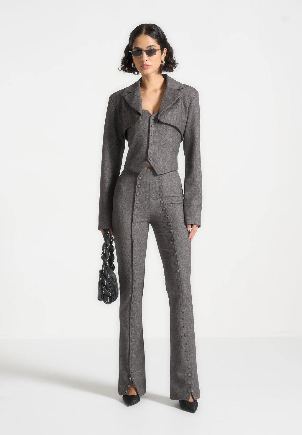 Lise - Cropped Tailored Blazer & Button Detail Bandeau - Dark Grey