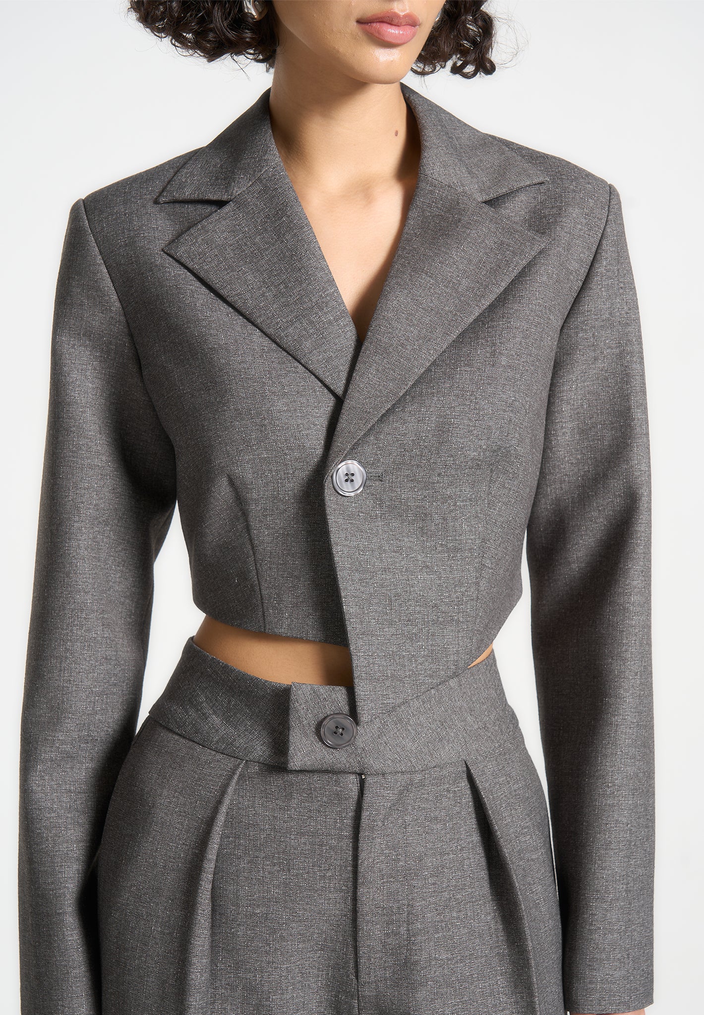 Dina - Asymmetric Tailored Cropped Blazer - Grey Marl