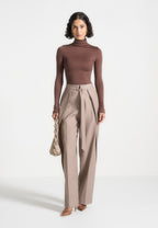 Alea - Mock Neck Long Sleeve Top - Brown