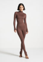 Alea - Mock Neck Long Sleeve Top - Brown