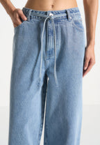 Faye - Wide Mid Rise Jeans with Tie Waist - Mid Blue