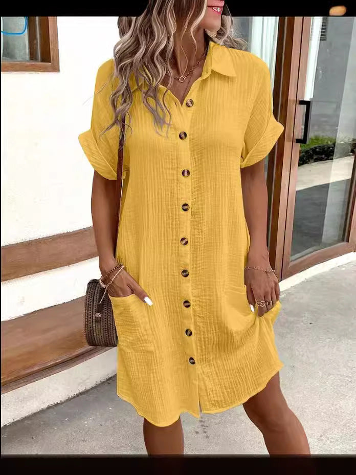 Women's Buttoned Short Sleeve Pocket Casual Shirt Dress