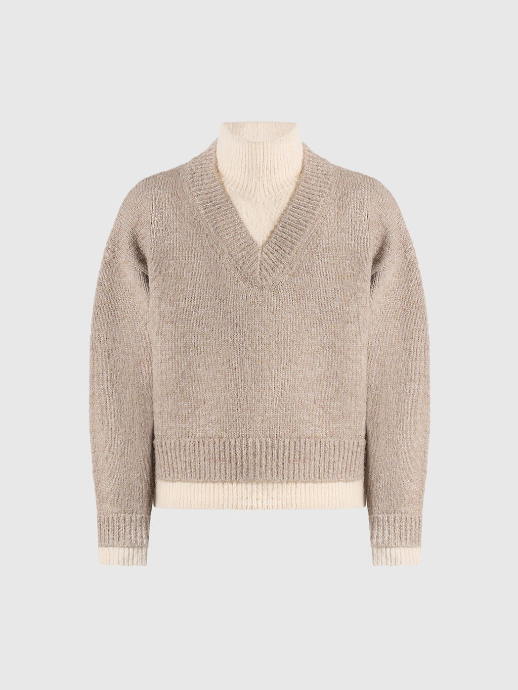 Jacques - Unisex Double Layer V-Neck Knit Jumper - Beige/Cream