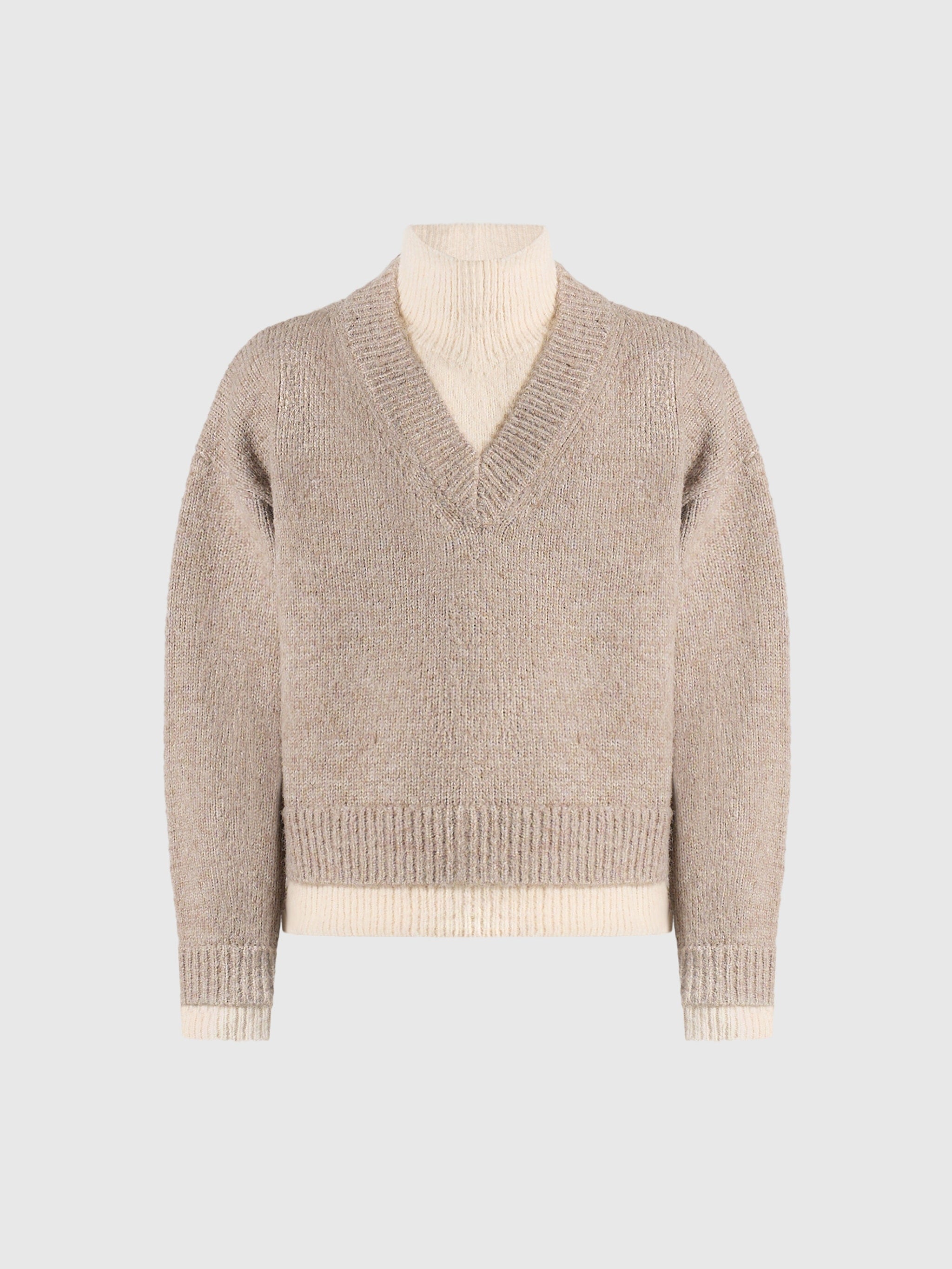 Jacques - Unisex Double Layer V-Neck Knit Jumper - Beige/Cream