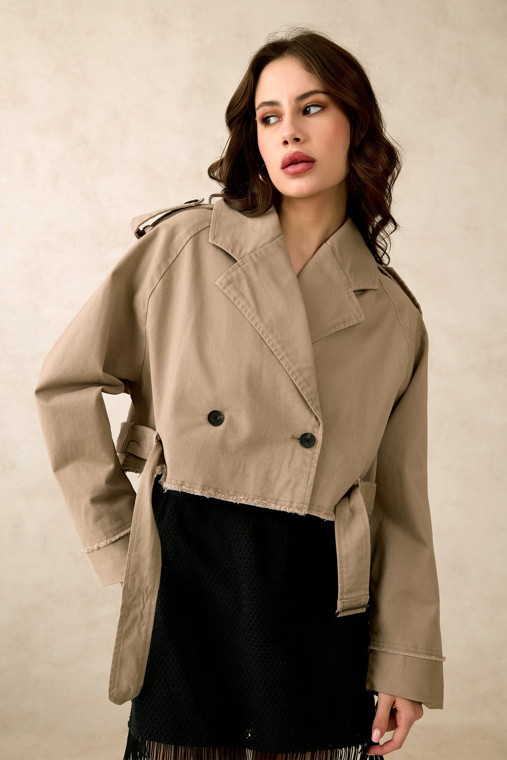 Olga|Cotton Stretch Beige Crop Trench Coat
