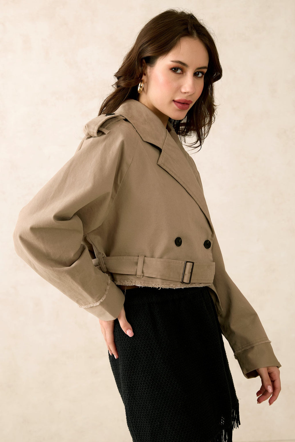 Olga|Cotton Stretch Beige Crop Trench Coat
