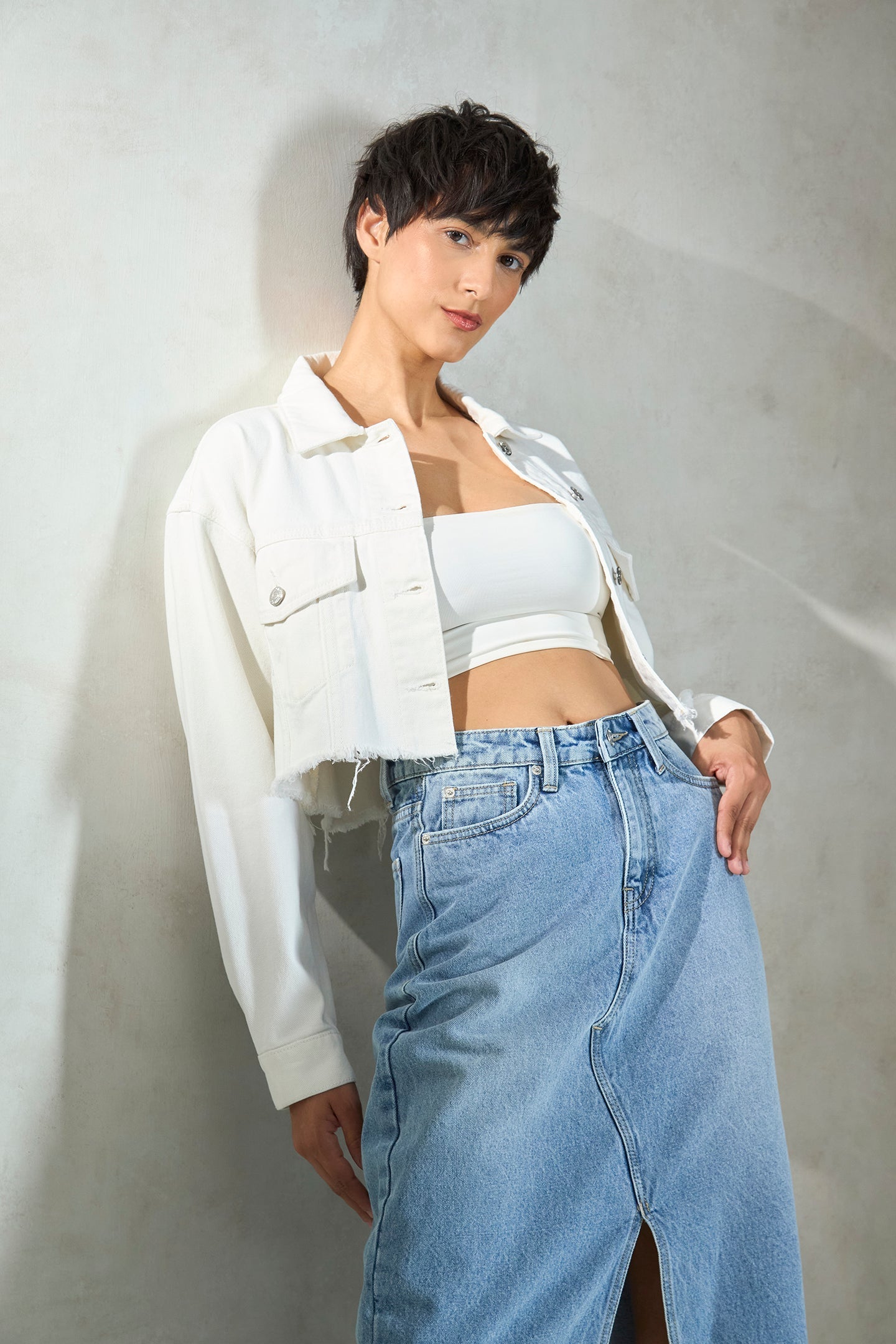 Tawny|100% Cotton Denim Cropped Trucker Jacket