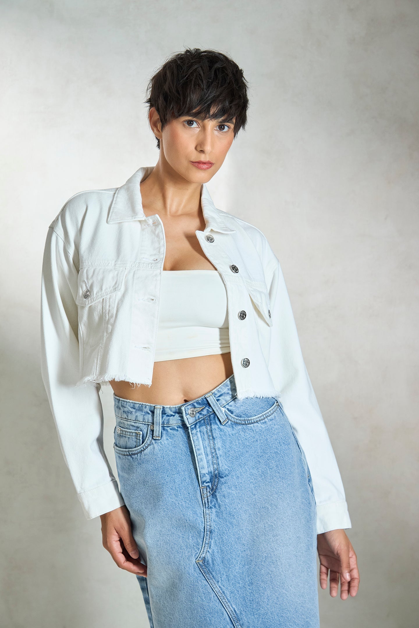 Tawny|100% Cotton Denim Cropped Trucker Jacket
