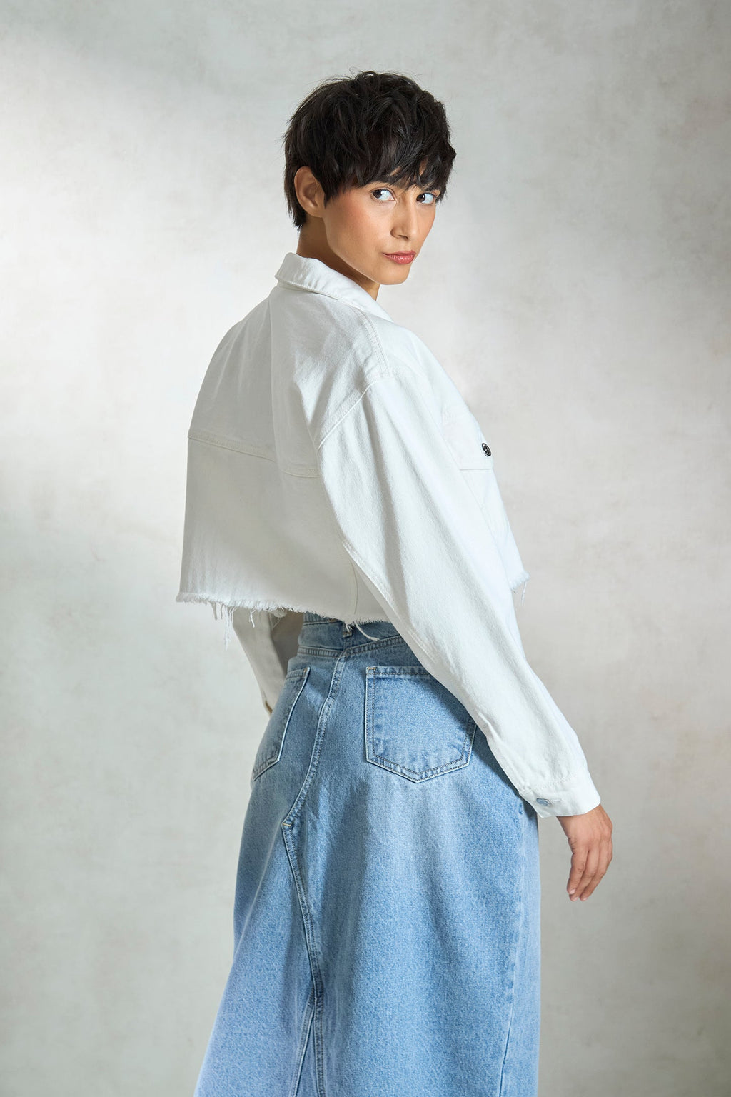 Tawny|100% Cotton Denim Cropped Trucker Jacket