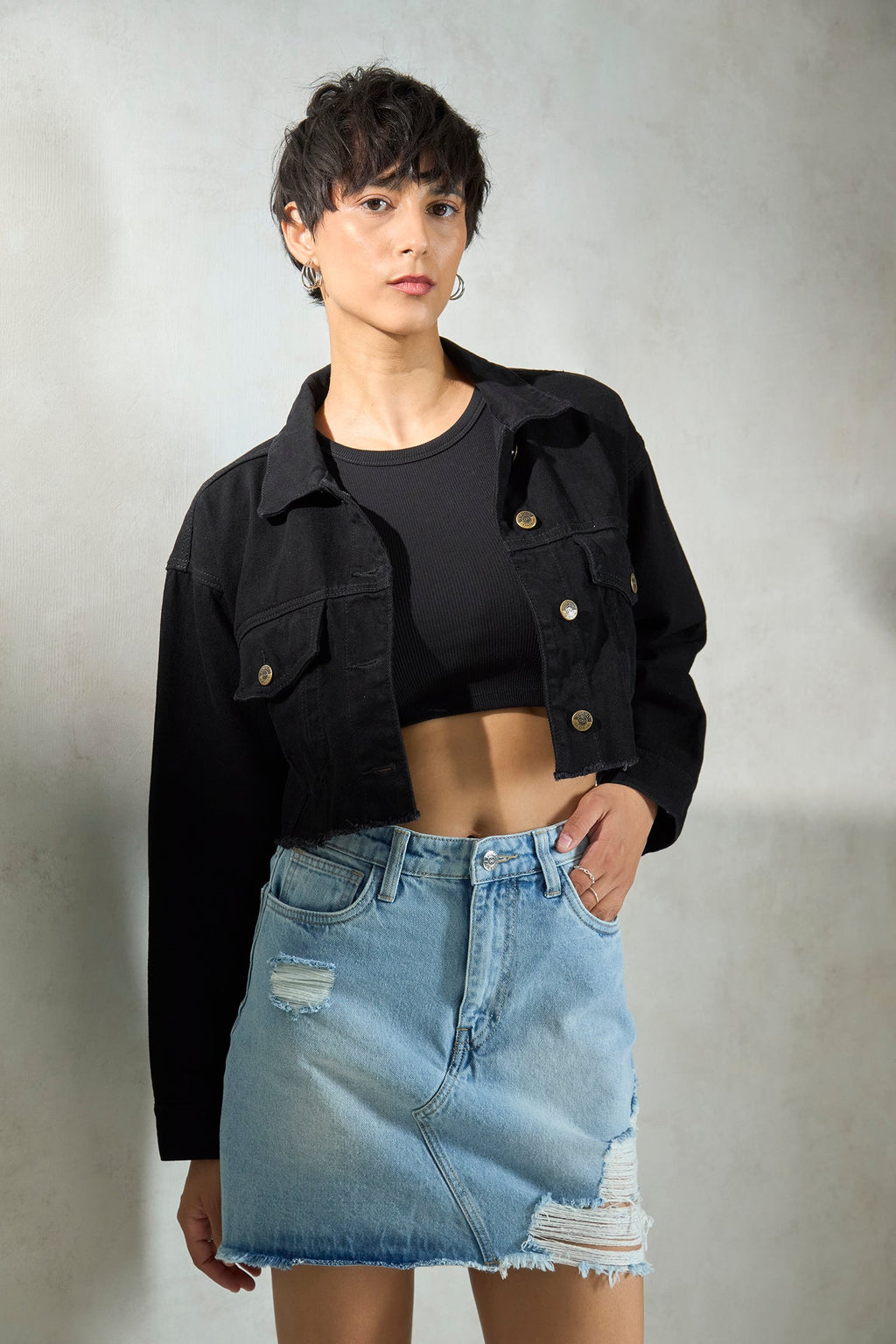 Umbra|100% Cotton Relaxed Crop Denim Black Jacket