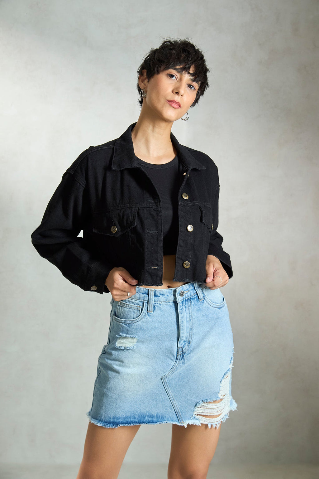 Umbra|100% Cotton Relaxed Crop Denim Black Jacket