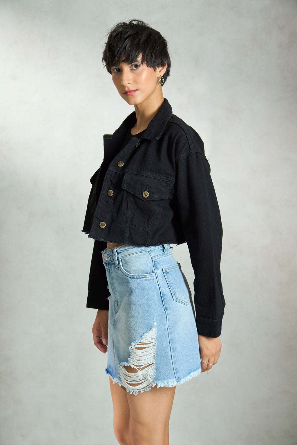 Umbra|100% Cotton Relaxed Crop Denim Black Jacket