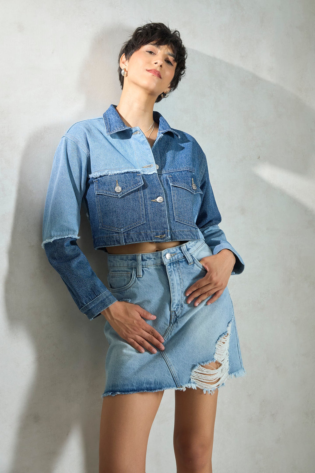 Ciel|100% Cotton Denim Patchwork Trucker Jacket