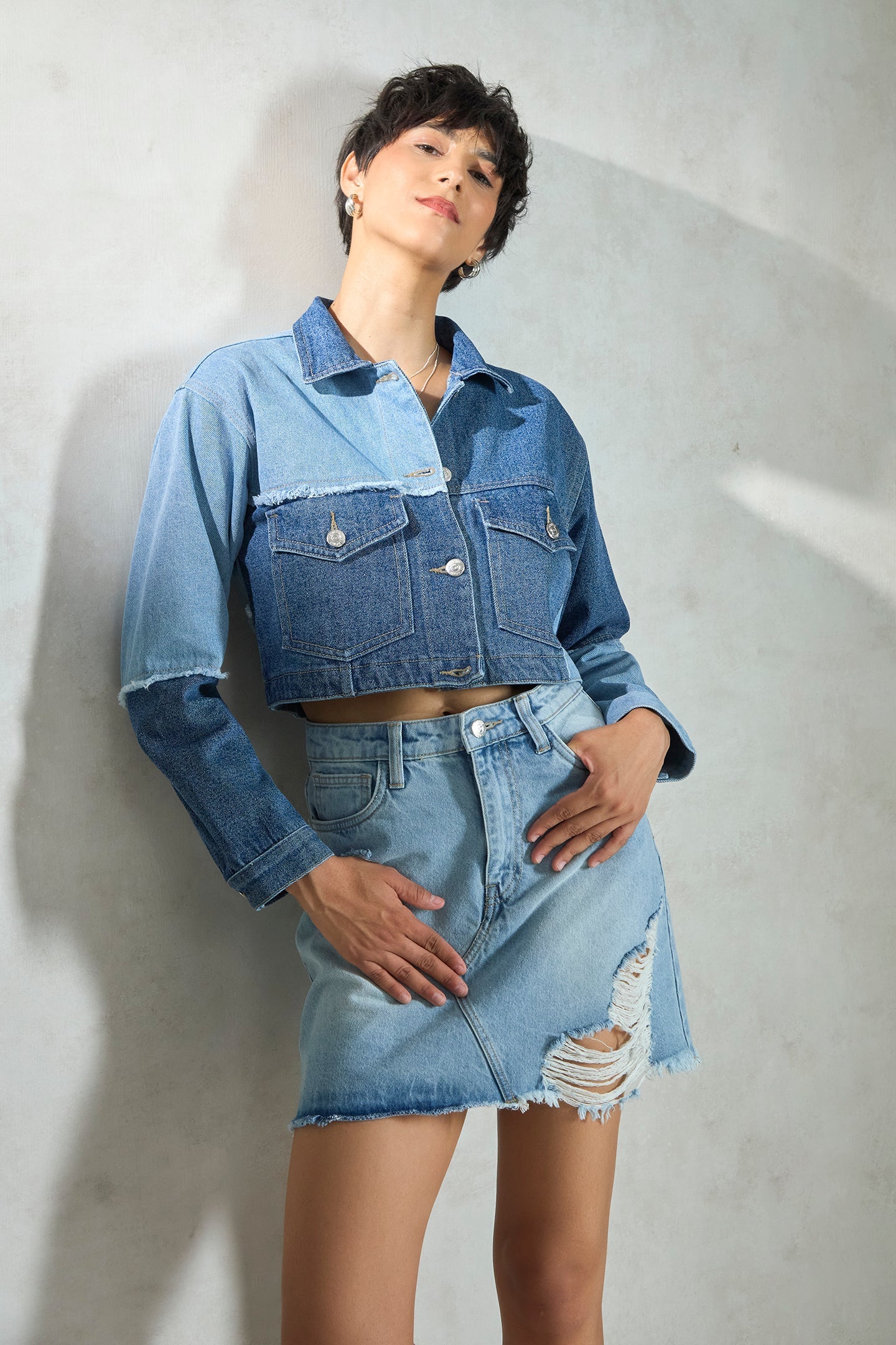 Ciel|100% Cotton Denim Patchwork Trucker Jacket