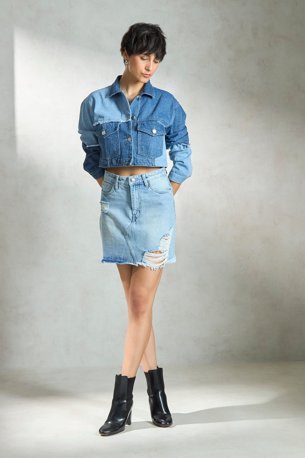 Ciel|100% Cotton Denim Patchwork Trucker Jacket