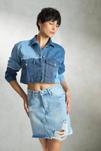 Ciel|100% Cotton Denim Patchwork Trucker Jacket