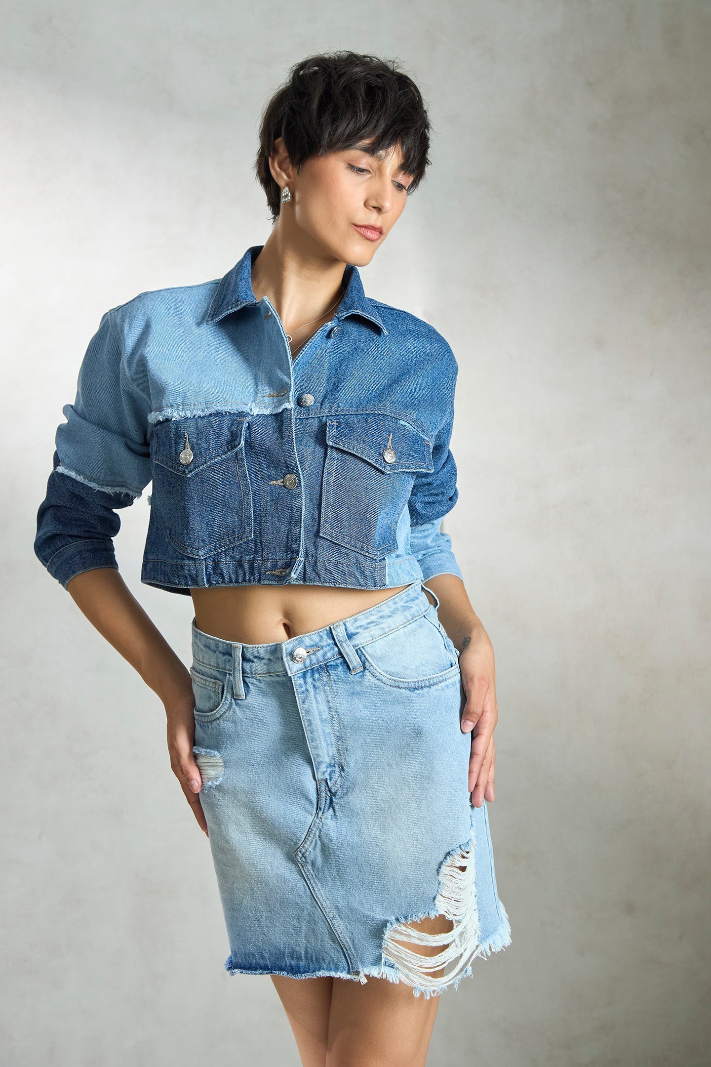 Ciel|100% Cotton Denim Patchwork Trucker Jacket
