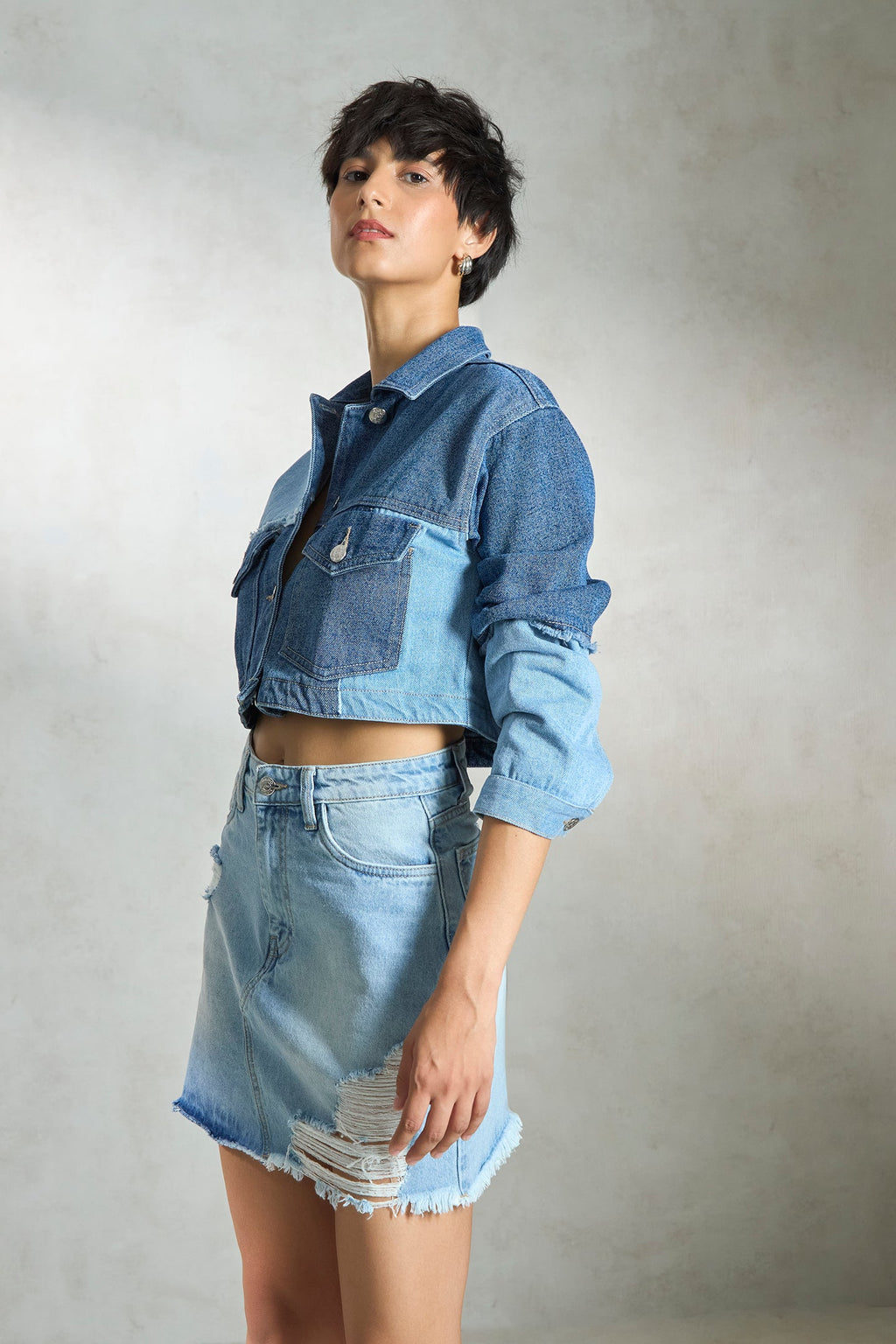 Ciel|100% Cotton Denim Patchwork Trucker Jacket