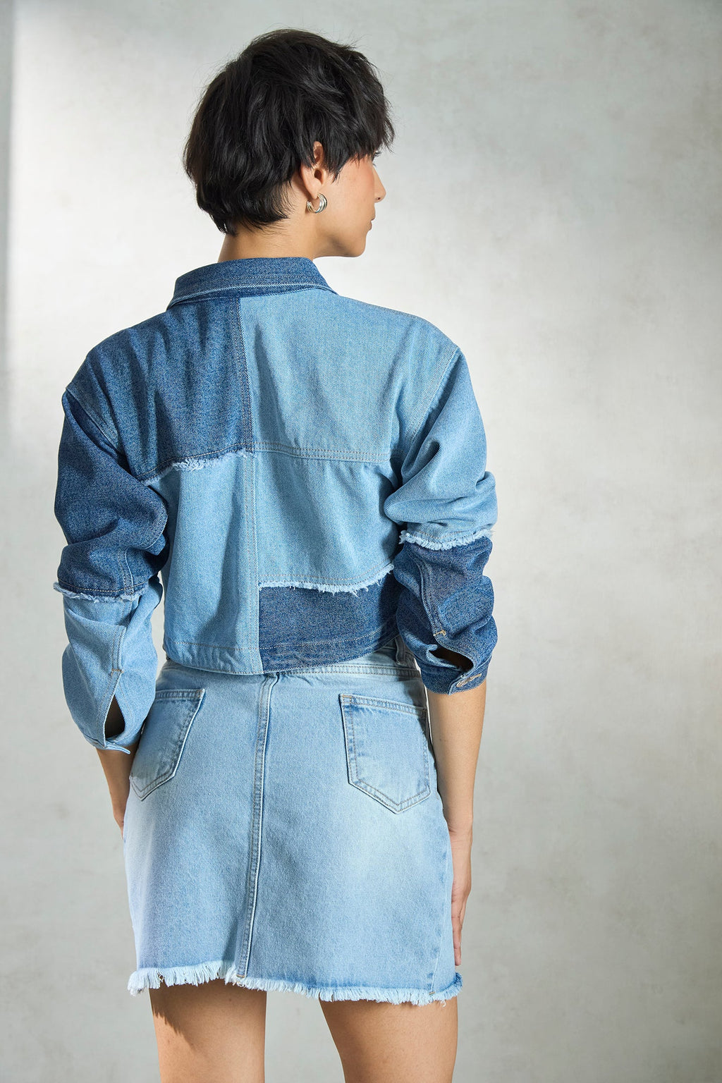 Ciel|100% Cotton Denim Patchwork Trucker Jacket