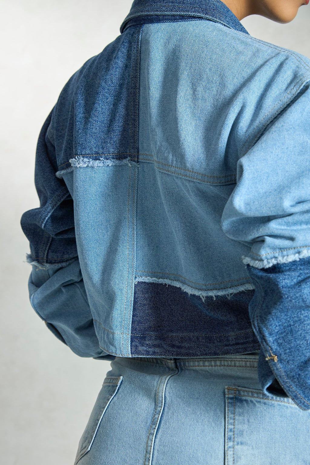 Ciel|100% Cotton Denim Patchwork Trucker Jacket