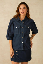 Dove|100% Cotton Denim Shirt With Pleated Sleeves
