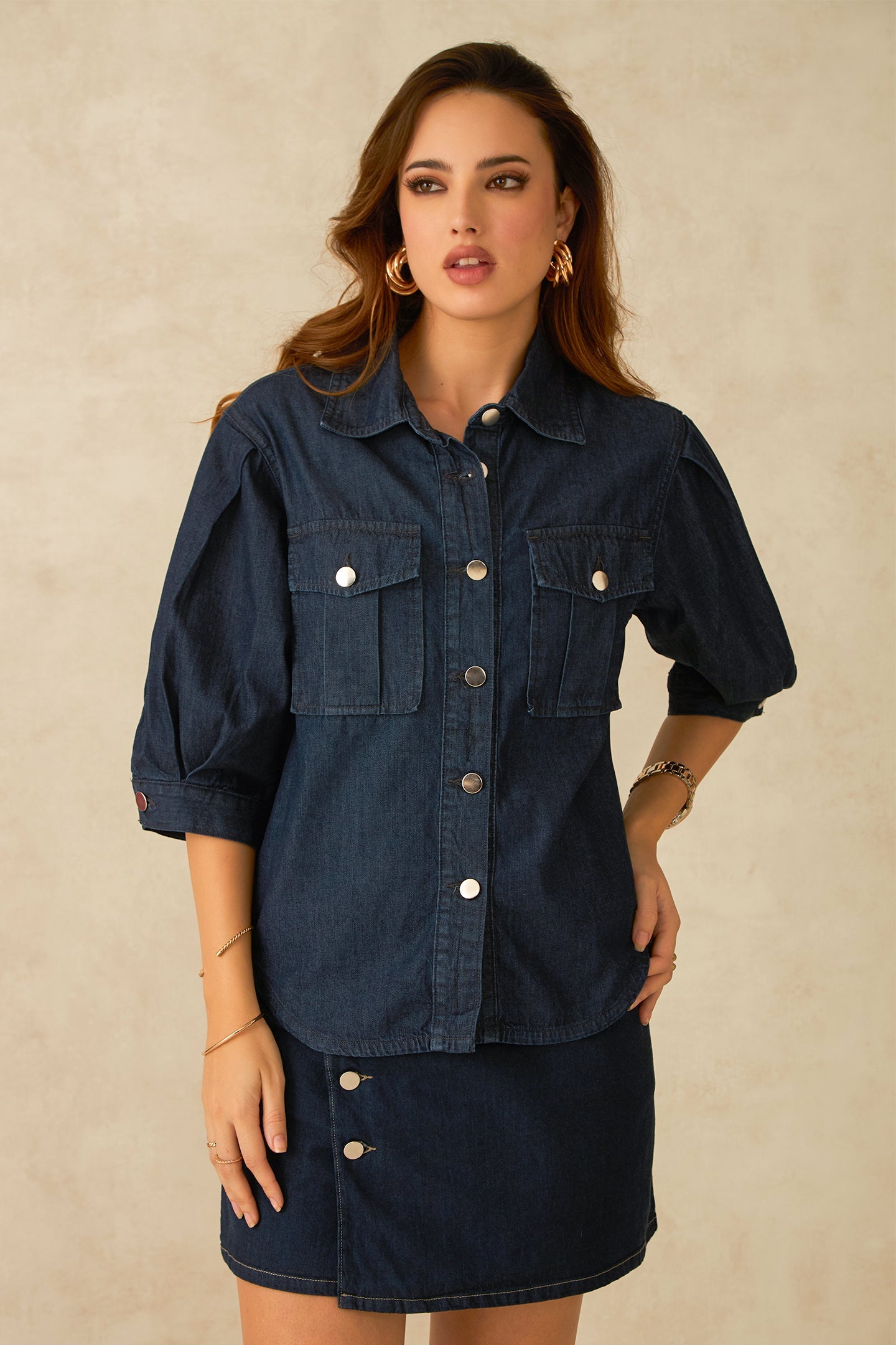 Dove|100% Cotton Denim Shirt With Pleated Sleeves