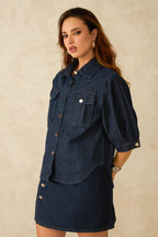 Dove|100% Cotton Denim Shirt With Pleated Sleeves