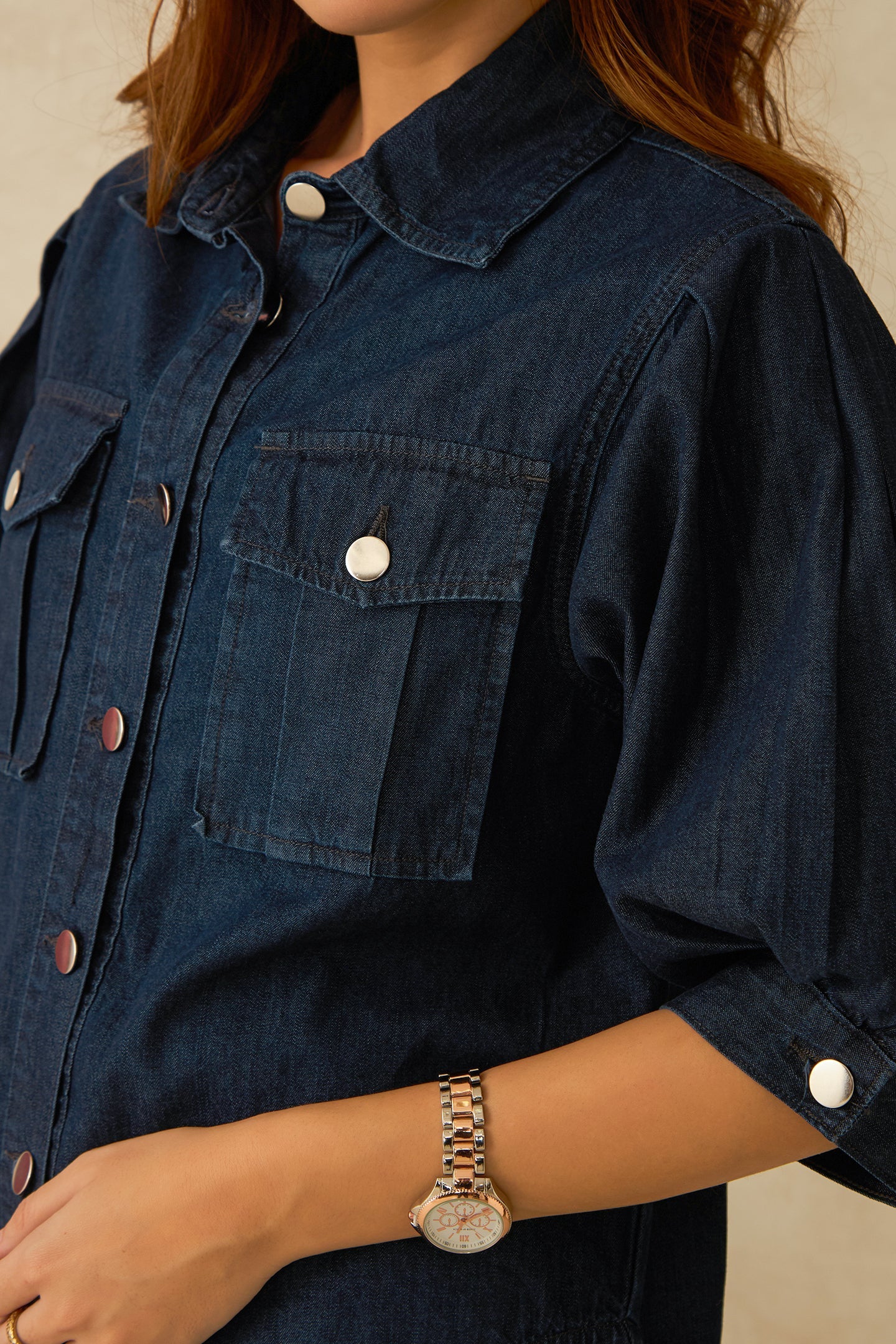 Dove|100% Cotton Denim Shirt With Pleated Sleeves