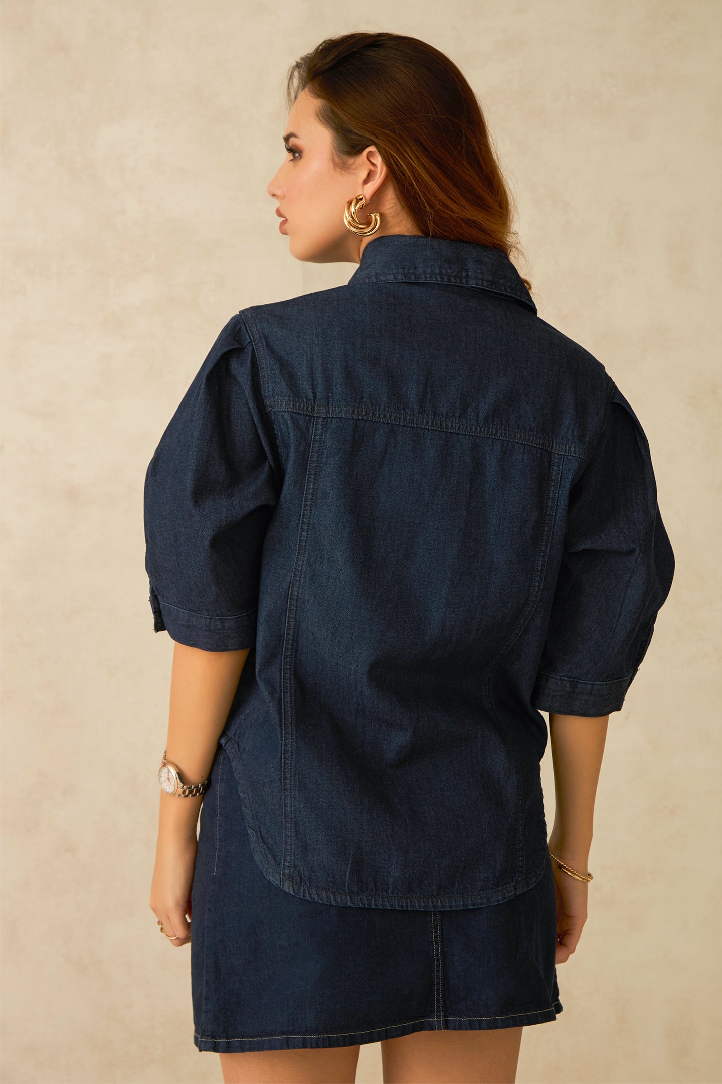 Dove|100% Cotton Denim Shirt With Pleated Sleeves