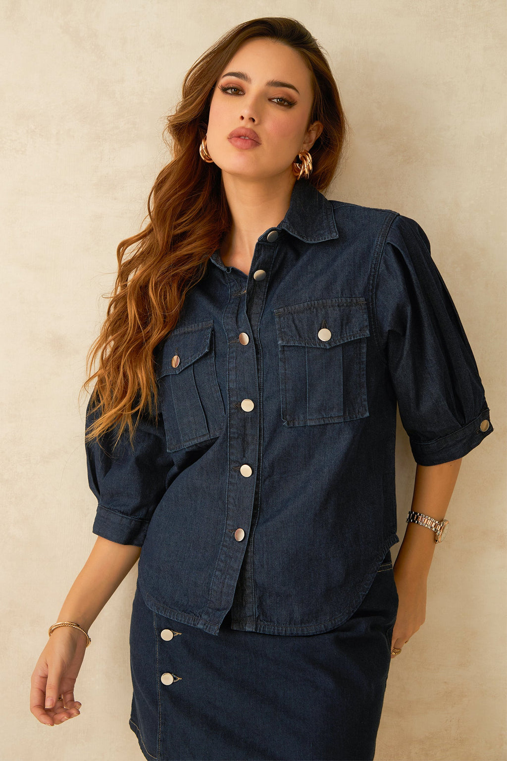Dove|100% Cotton Denim Shirt With Pleated Sleeves