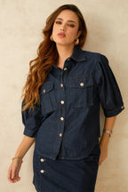 Dove|100% Cotton Denim Shirt With Pleated Sleeves