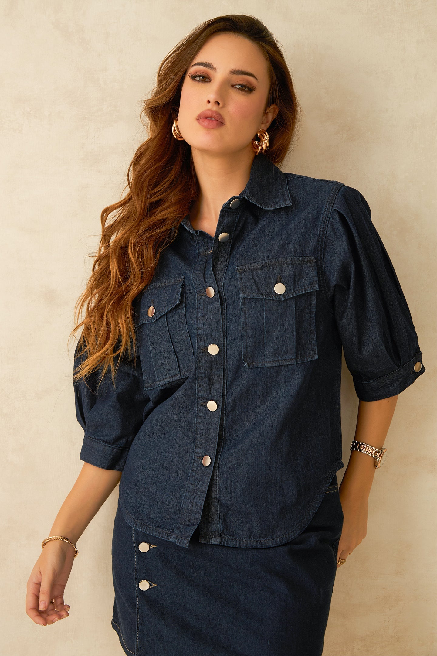 Dove|100% Cotton Denim Shirt With Pleated Sleeves