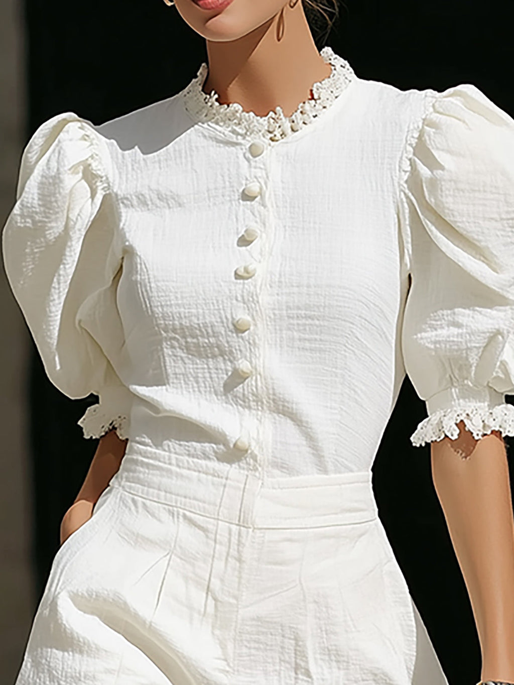 White Lace Trim Puff Sleeve Short Set