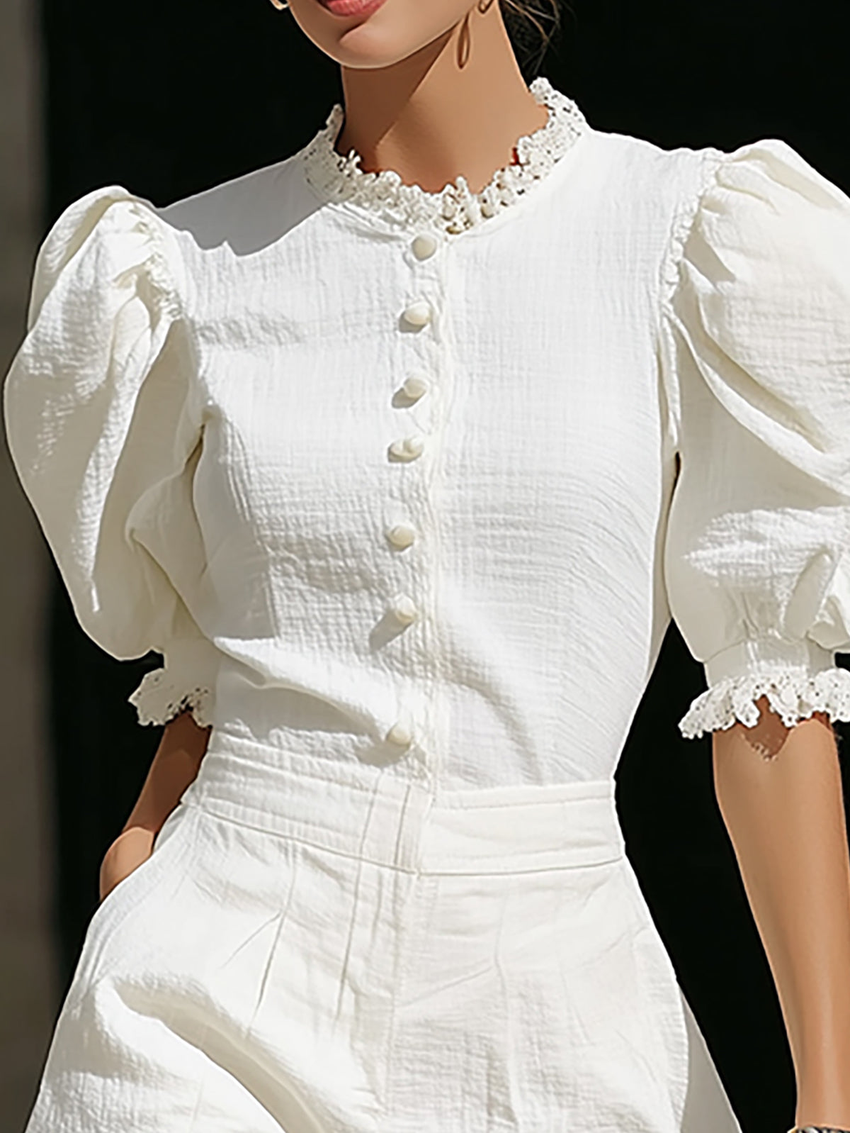 White Lace Trim Puff Sleeve Short Set