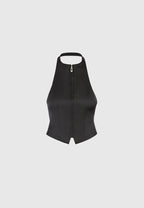 Claudette - Satin Halterneck Backless Top - Black