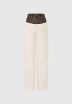 Renee - Leather & Denim Straight Leg Jeans - Cream/Brown