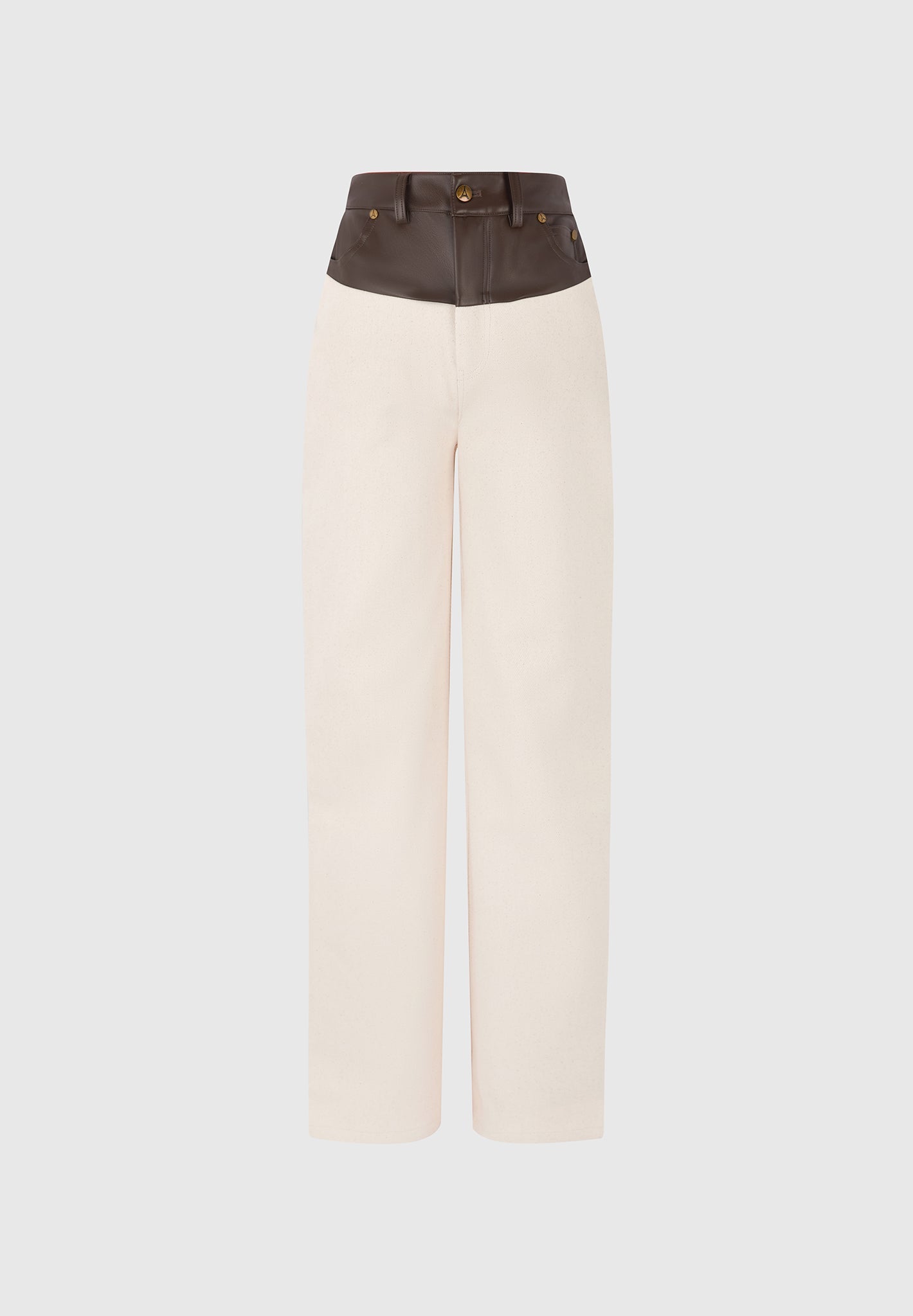 Renee - Leather & Denim Straight Leg Jeans - Cream/Brown