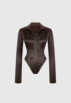 Louise - Wide Shoulder Satin Shirt Bodysuit - Brown