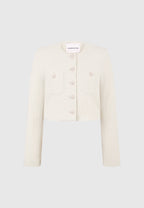 Celine - Cropped Tweed Jacket with Pearls - Cream