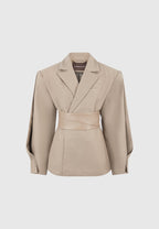 Marie - Twist Sleeve Tailored Blazer with Belt - Taupe