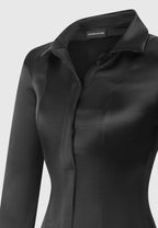 Louise - Wide Shoulder Satin Shirt Bodysuit - Black