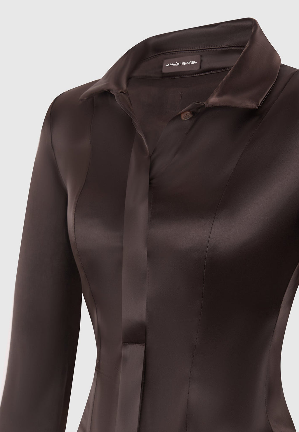 Louise - Wide Shoulder Satin Shirt Bodysuit - Brown