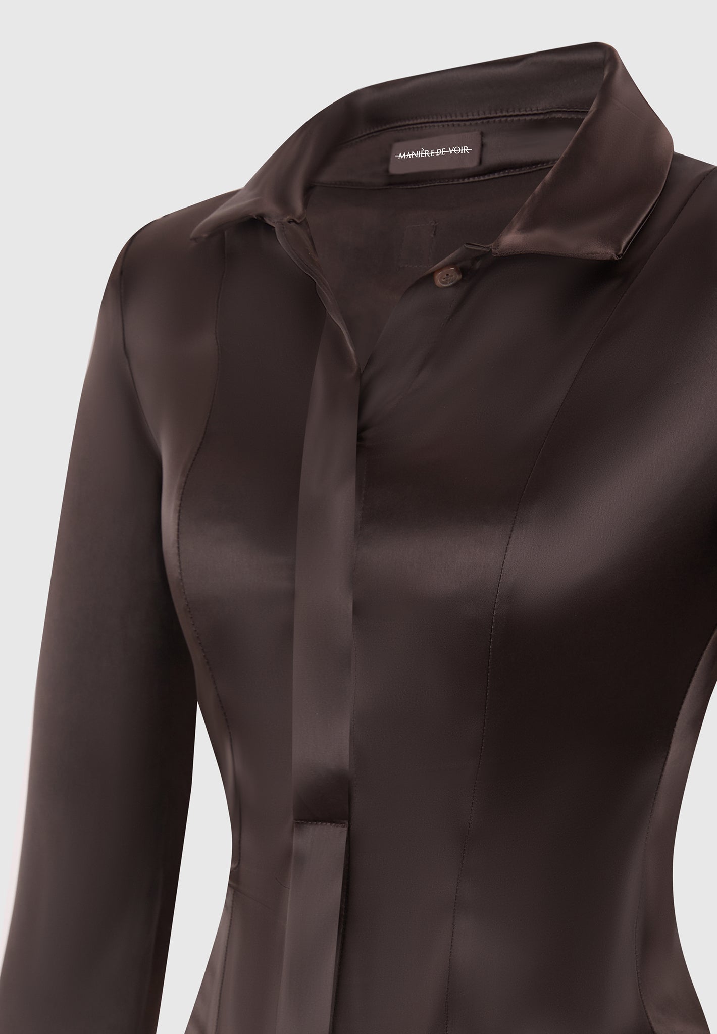 Louise - Wide Shoulder Satin Shirt Bodysuit - Brown